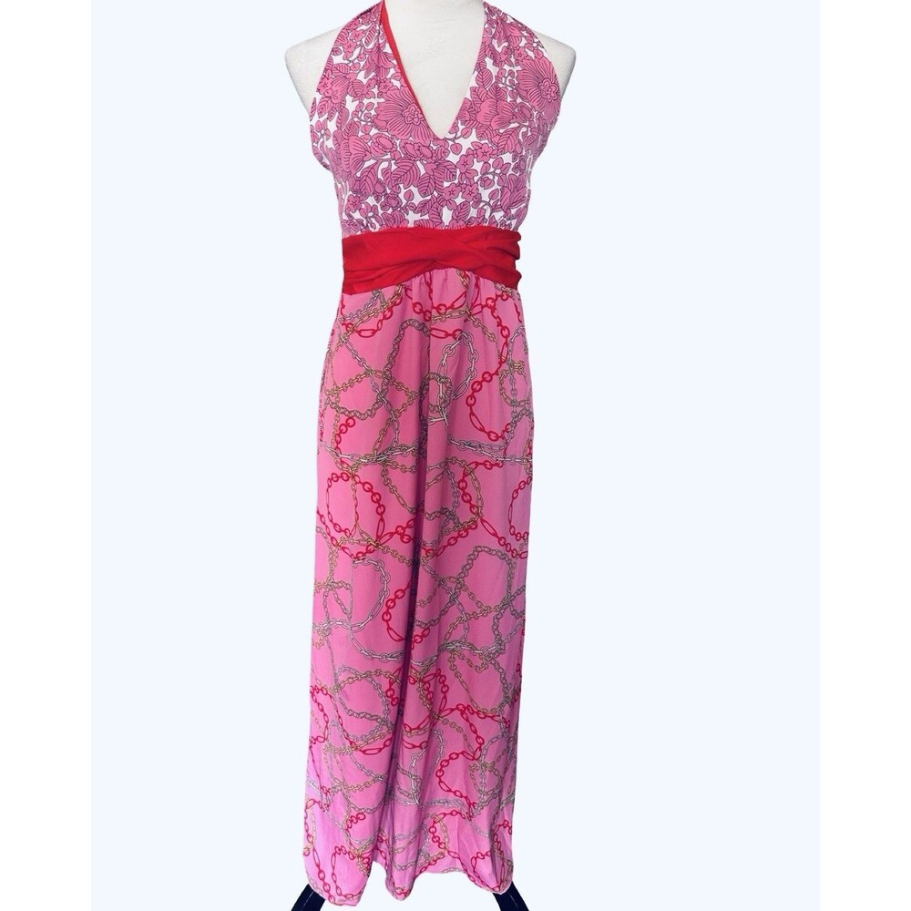 NY&CO Floral Chain Print Halter Maxi Dress Pink Size Medium NWOT